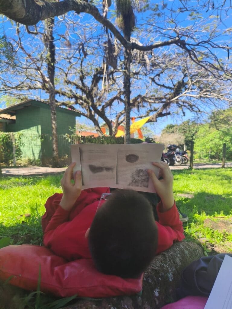 Criança lendo deitada na grama da escola